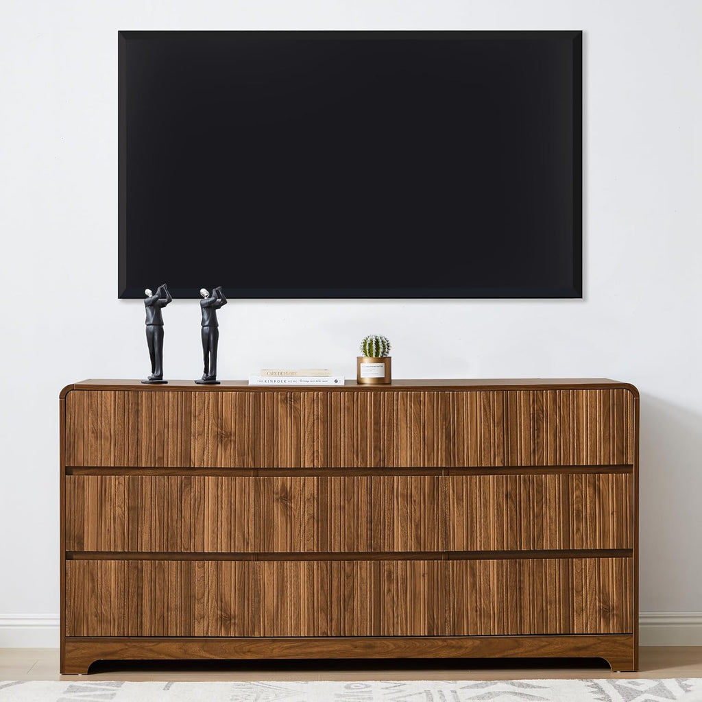 MERRYBERRY Fluted Dresser for Bedroom with 9 Drawers,63" Wide Modern Chest of Drawers with Curved Profile & Deep Drawer,Large Wood TV Dresser for Bedroom Living Room