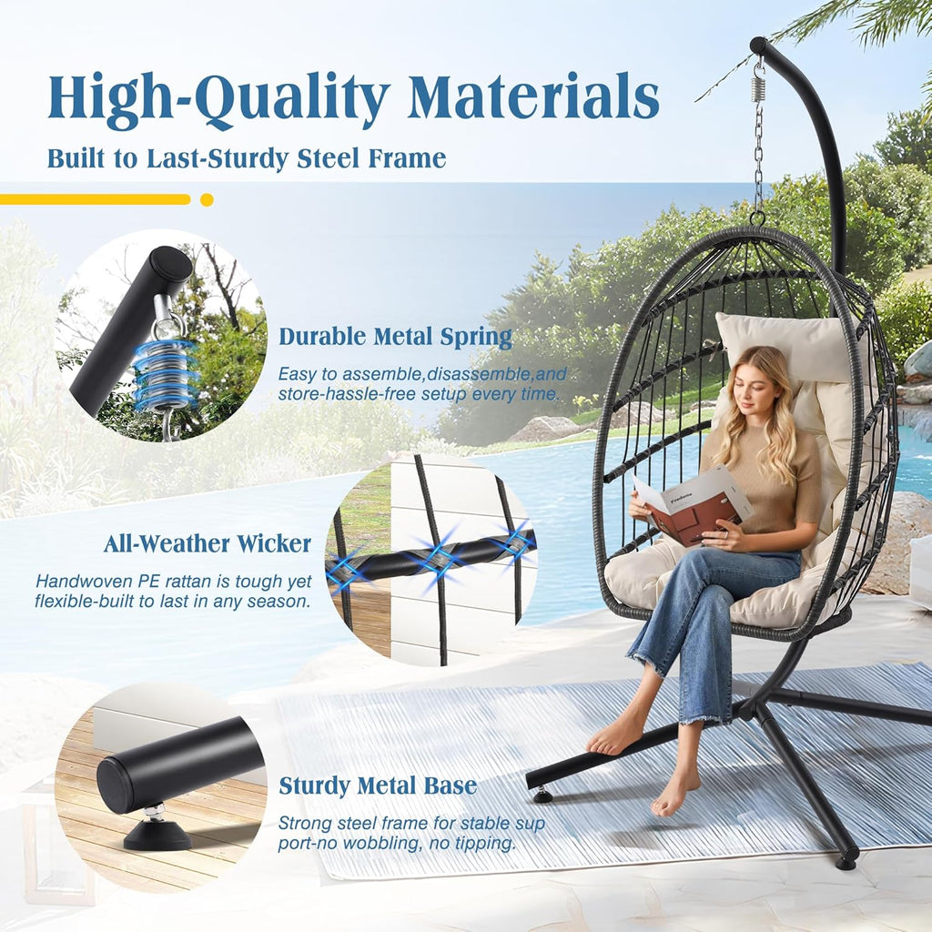 Hanging Egg Chair with Stand, Foldable Wicker Porch Swing Chair Outdoor Indoor, Heavy Duty Rattan Hammock Chairs with Cushion Headrest, Bedroom Balcony Patio Lounge Furniture, 350LBS (Beige)