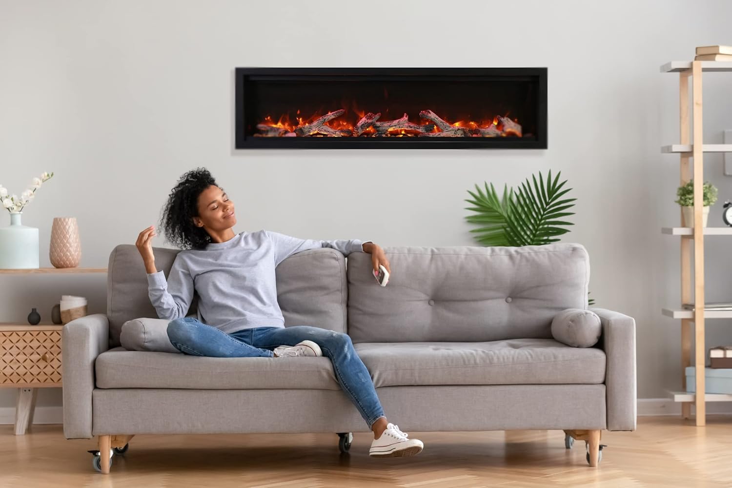 Amantii SYM-88-BESPOKE Symmetry Series Bespoke 88-Inch Built-in Electric Fireplace with Remote  Media  Black Steel Surround