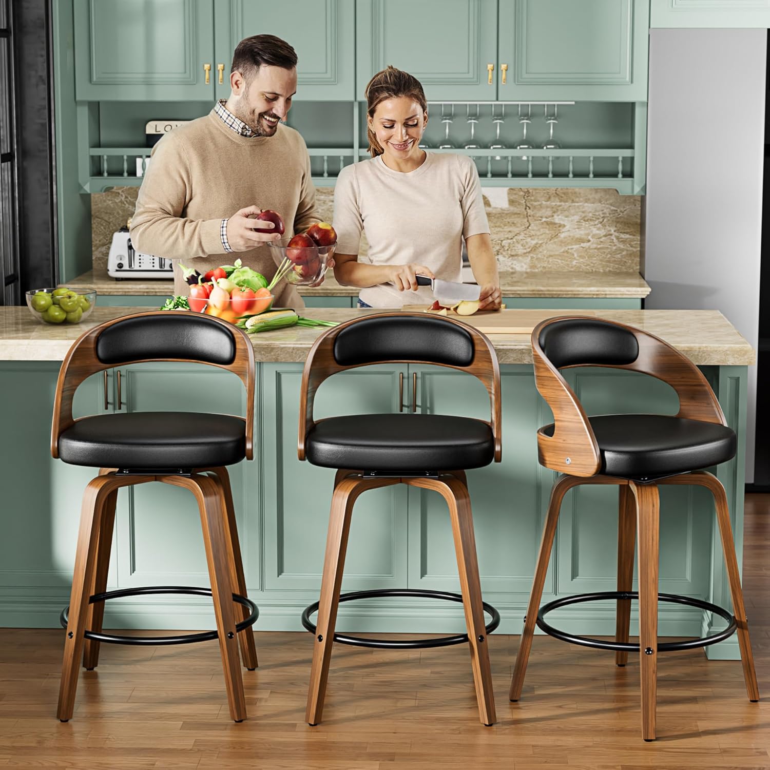 Bar Stools Set of 2, 26" Swivel Counter Height Bar Stools with Bentwood Legs and Back, Mid Century Modern Faux Leather Upholstered Counter Stools for Kitchen Island, Bar, Restaurant, Black