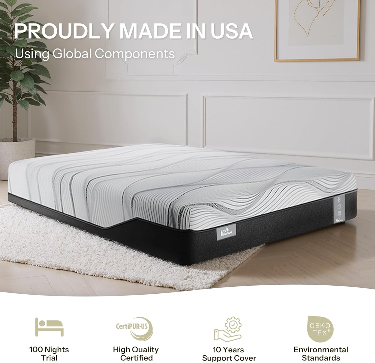 Queen Mattress,12 Inch Gel Memory Foam Mattress Made in USA,Graphene & Green Tea Particles Infused,Plush Euro Top,Motion Isolation,Pressure Relief,Fiberglass Free,CertiPUR-US Certified Foam