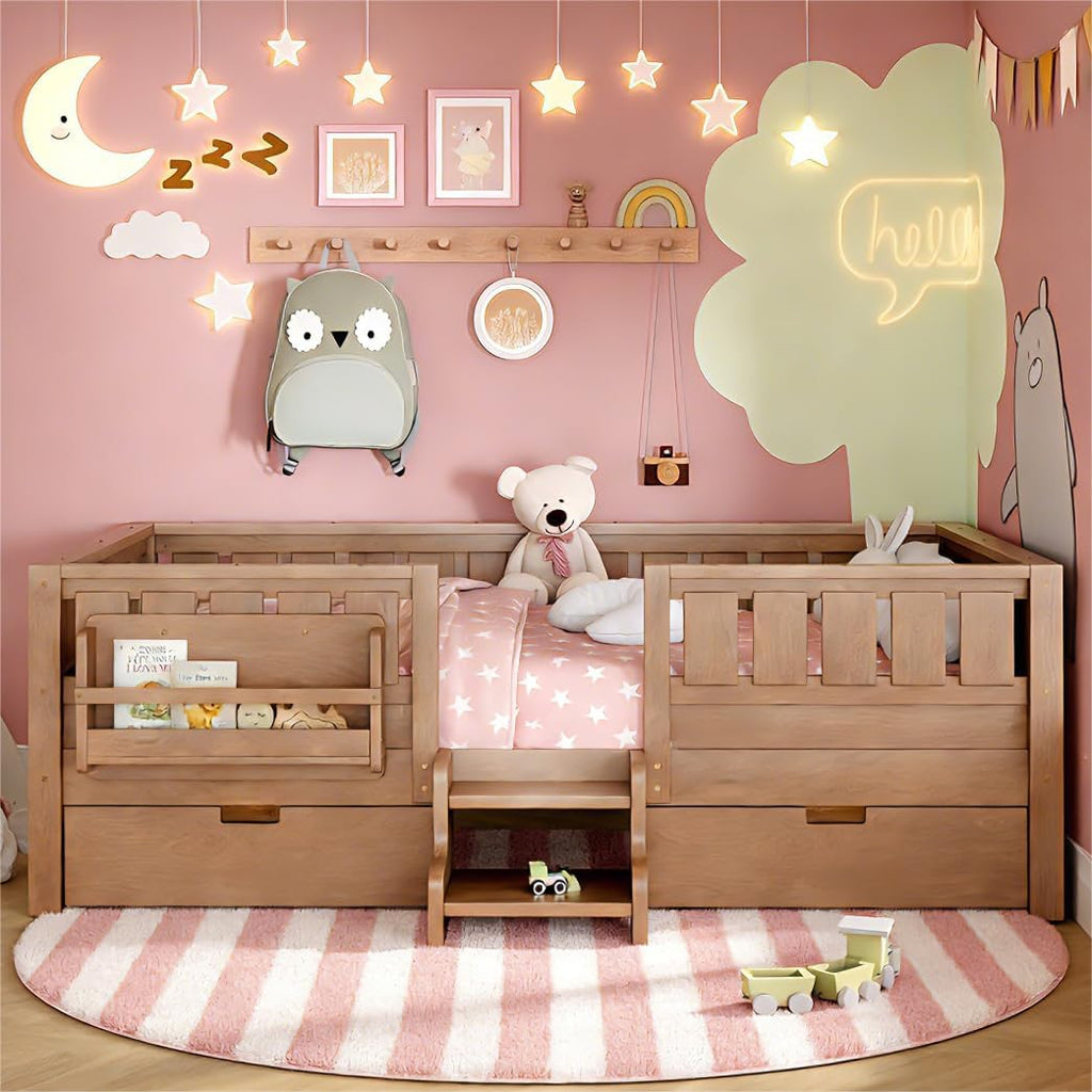 Bellemave Twin Bed with Storage Drawers & Bookshelf, Low Profile Kids Bed Frame with Staircase & Full Length Guardrails, Solid Wood Twin Bed for Kids with Slats Load 300LBS, Easy Assembly, Oak Brown