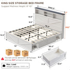ACCOHOHO King Bed Frame Farmhouse with 52" Storage Bookcase Headboard, 4 Drawers Wooden Bed Frame, LED Light, Charging Station - White