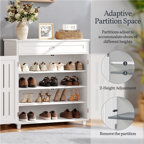 Yaheetech Shoe Cabinet, 4-Tier Shoe Storage Cabinet with Drawer & Adjustable Shelves, Wooden Shoe Rack Organizer with Louvered Doors for Entryway, Hallway, Closet, Living Room, White