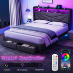 LED Full Size Bed Frame with 2 Storage Drawers, Upholstered Full Bed Frame with Headboard and Charging Station, No Box Spring Needed, Easy to Assembly-Dark Grey