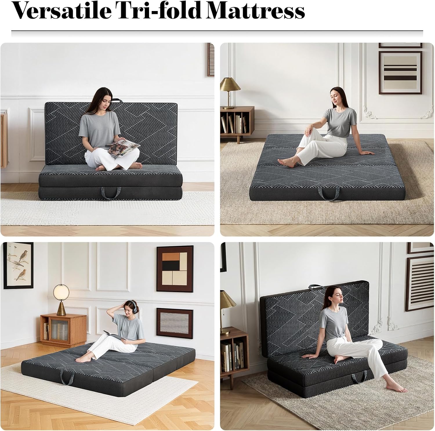 Tri Folding Mattress King Size - Foldable Mattress Trifold Memory Foam Mat with Washable Cover, Handle & Non-Slip Bottom Portable Foldable Floor Sofa Bed for Travel Camping Guest - 6 Inch, 80"x76"x6"