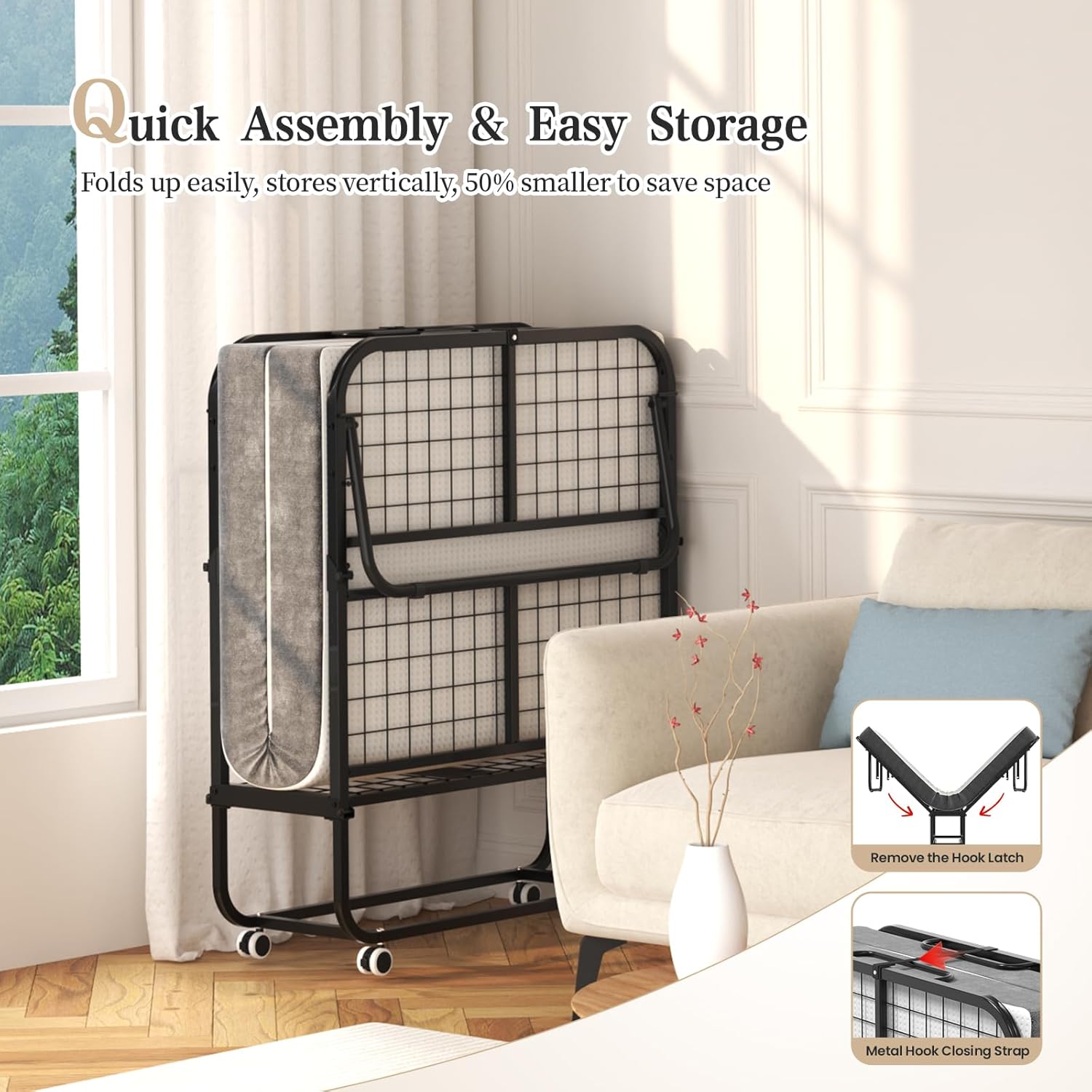 75''x31'' Folding Guest Bed for Adults, Foldable Rollaway Bed with Memory Foam Mattress & Sturdy Fold Up Metal Frame for Bedroom, Office, Apartments, Space-Saving Design for Easy Storage