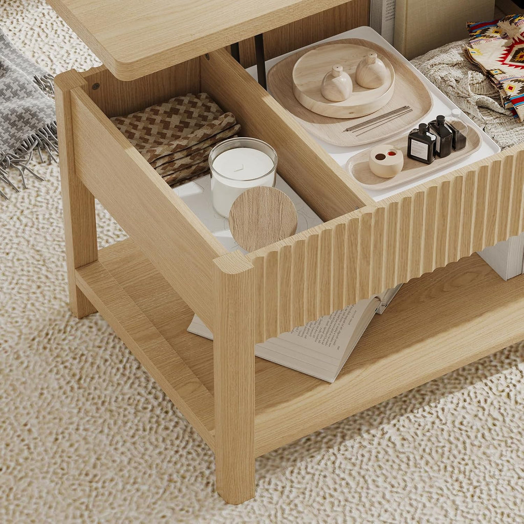 Lift Top Coffee Table with Storage for Living Room, 2-in-1 Modern Center Table & Desk with Hidden Storage Compartment & Open Shelf, Space Saving for Small Space & Apartment (Oak)
