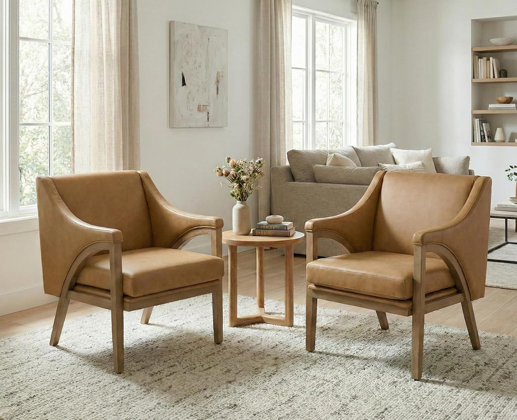 Mid Century Modern Accent Chairs Set of 2 with Barrel Back, Upholstered Armchair Comfy Reading Chairs with 4" Thick Cushion, Solid Wood Legs for Living Room/Bedroom/Reading Corner, PU Fabric, Brown