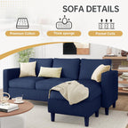 JAMFLY 3-Seat Convertible L-Shaped Sectional Sofa with Reversible Ottoman, Upholstered Fabric Couch for Small Living Rooms, Modern Modular Couch for Apartment, Studio & Loft, Blue
