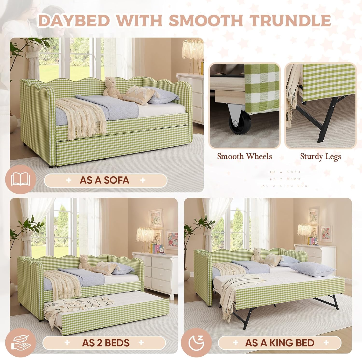 Twin Size Daybed with Pop Up Trundle, Linen Gingham Twin to King Daybed with USB Ports, Upholstered Day Bed Frame, Modern Sofa Bed for Living Room/Bedroom/Guest Room, No Box Spring Needed, Green