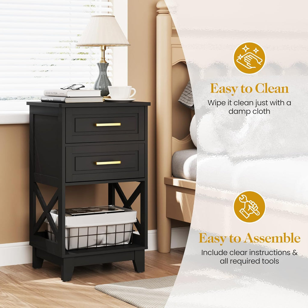 RoyalCraft 30'' Tall Nightstand Set of 2, Modern Painted Bedside Table with 2 Drawers and Open Shelf Below, Wood Side Table for Bedroom, Home Office, Black