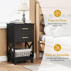RoyalCraft 30'' Tall Nightstand Set of 2, Modern Painted Bedside Table with 2 Drawers and Open Shelf Below, Wood Side Table for Bedroom, Home Office, Black
