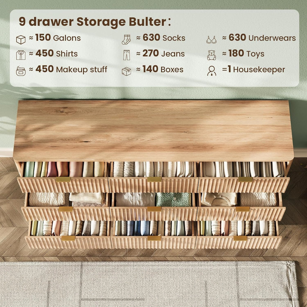 63'' Wide 9 Drawers Dresser for Bedroom,Modern Fluted Vertical Chest with Rounded Corners,Fluted Dresser for Living Room,Hallway, Natural Wood