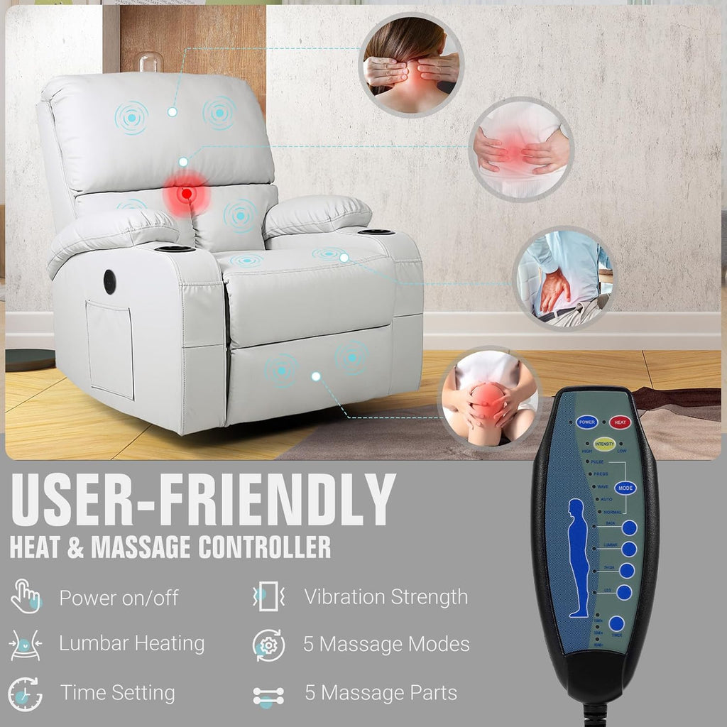 LEVELEVE Rocking Recliner Chair, Massage Rocker Recliner Chair with Vibration Massage and Heat, USB and Type-C Ports,360° Swivel Faux Leather Chairs, Living Room, Bedroom, Nursery, RV, Light Grey