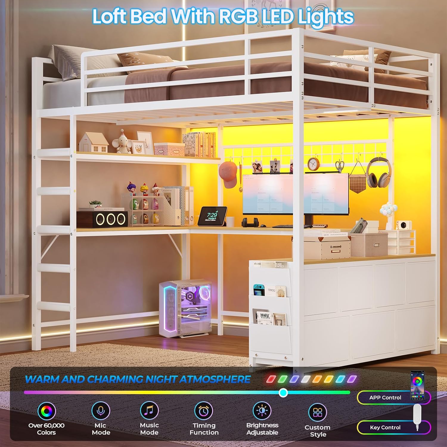 DICTAC Loft Bed Full Size with U-Shaped Desk,7 Storage Drawers and Charging Station,Metal Full Loft Bed with Led Lights and 2-tier Storage Shelves,loft full bed with Safety Guardrail and Ladders,White