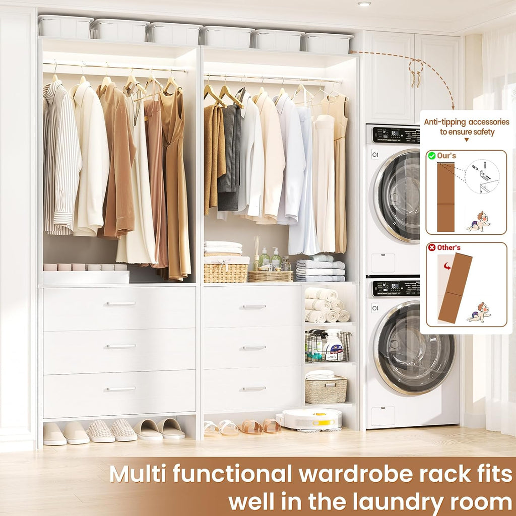 Aheaplus Closet System with 6 Drawers, 4.5ft Wood Closet Organizer System, Walk-in Closet or Small Closets Wardrobe, Clothes Rack with Hanging Rods, Set of 2, White