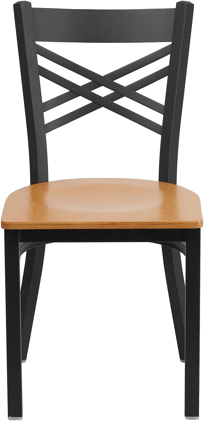 Flash Furniture 2 Pack HERCULES Series Black ''X'' Back Metal Restaurant Chair - Natural Wood Seat