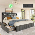 PRAISUN Bed Frame Queen Size with Upholstered Headboard & Charging Station, Queen Bed Frame with 4 Storage Drawers, 2-Tier Open Shelves, No Box Spring Needed, Slient Foam Strip, Easy Assembly, Grey