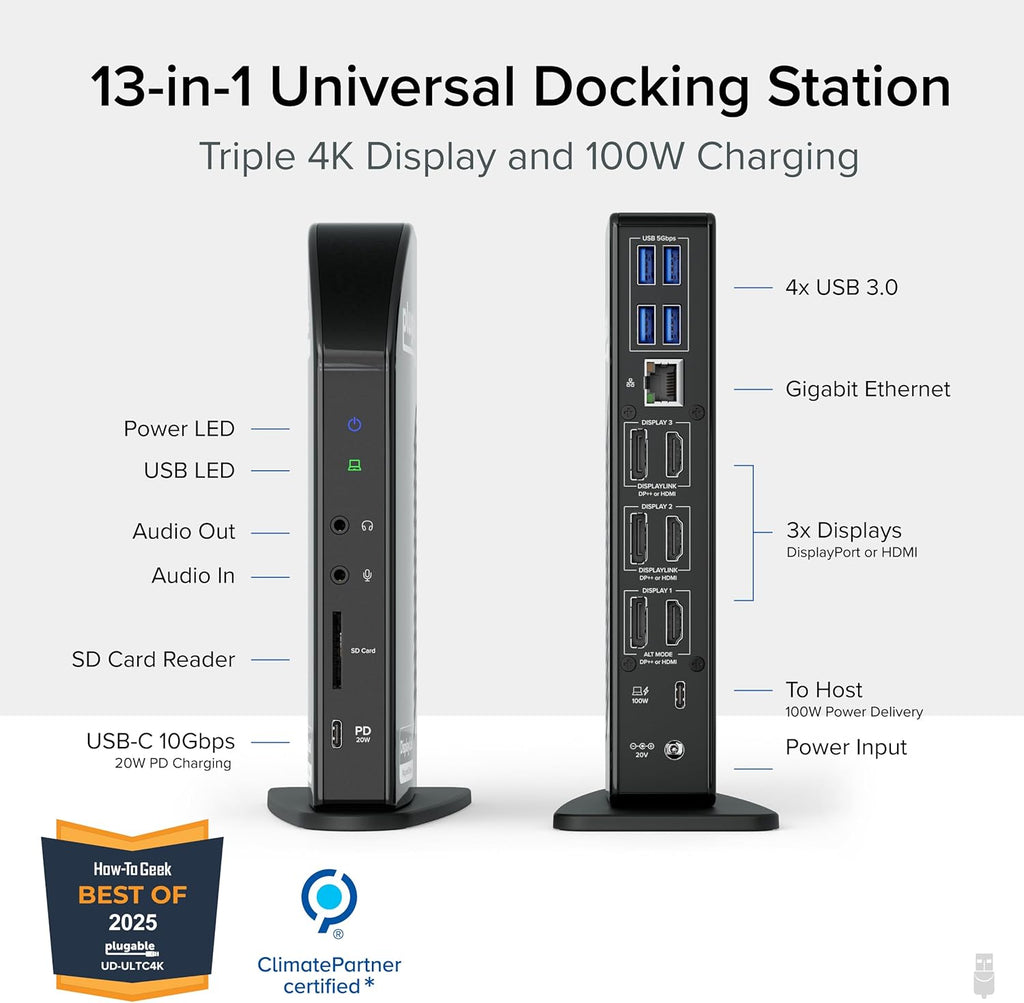 Plugable 13-in-1 USB C Docking Station 4K Triple Monitor with 100W Power Delivery | USB C Dock for Windows  Mac  ChromeOS  Thunderbolt | Driver Required | 3X HDMI and 3X DisplayPort (UD-ULTC4K)