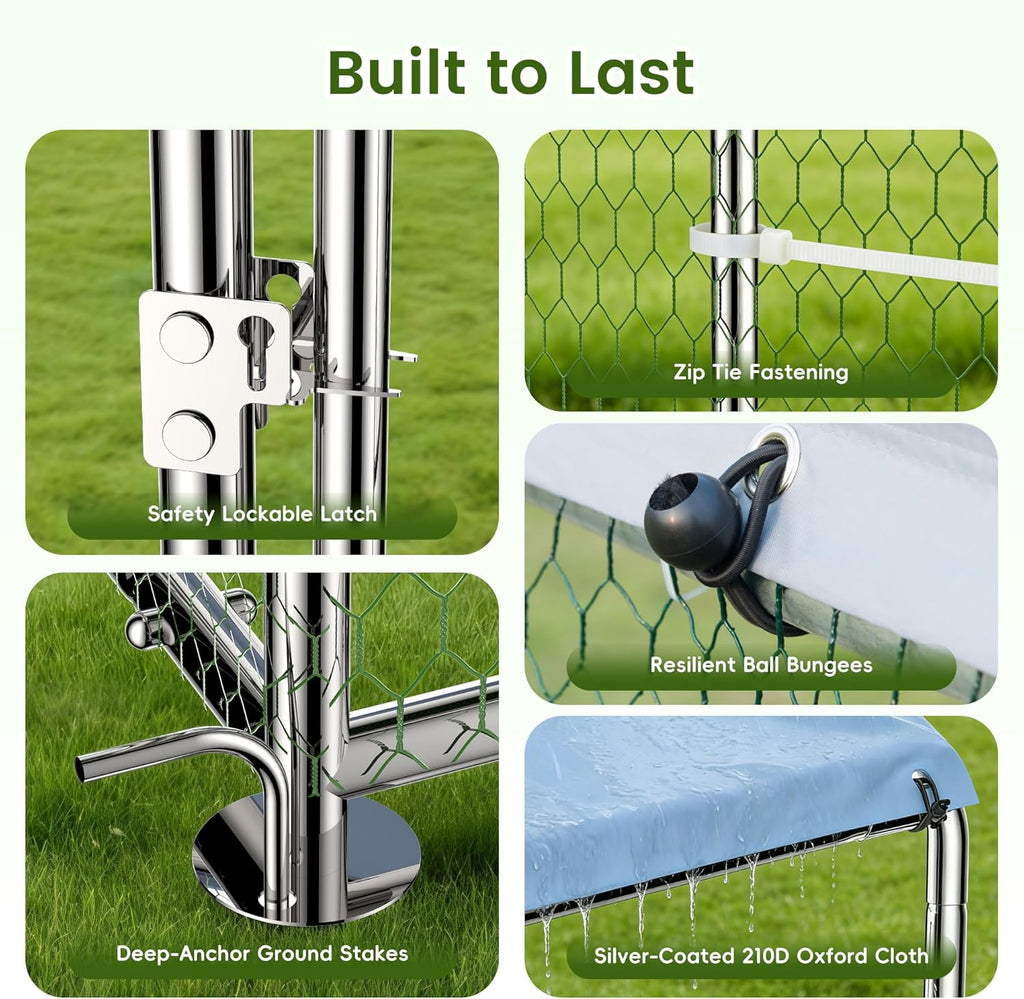 Large Metal Chicken Run Walk-in Poultry Cage Spire-Shaped Chicken Coop with Waterproof and Anti-Ultraviolet Cover for Outside Backyard and Farm 19.6' L x 9.8' W x 6.4' H