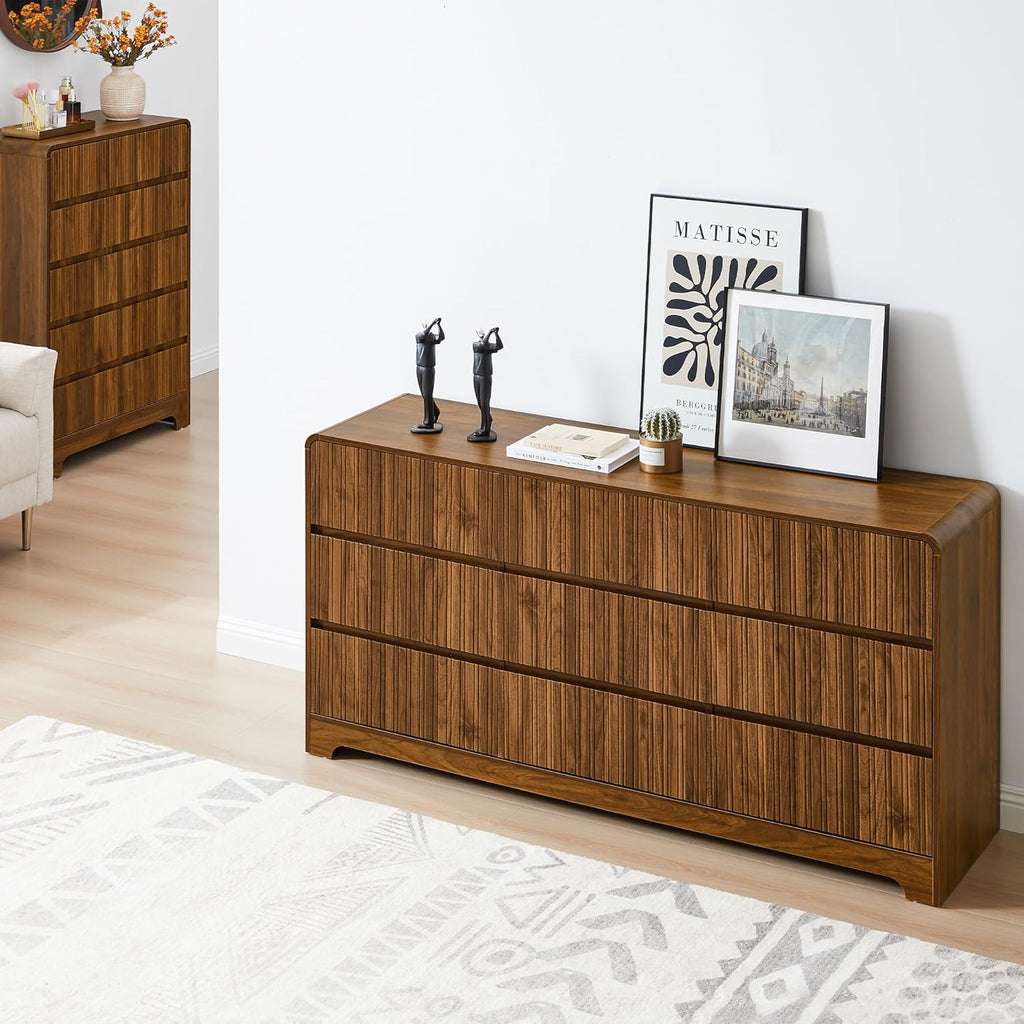 MERRYBERRY Fluted Dresser for Bedroom with 9 Drawers,63" Wide Modern Chest of Drawers with Curved Profile & Deep Drawer,Large Wood TV Dresser for Bedroom Living Room