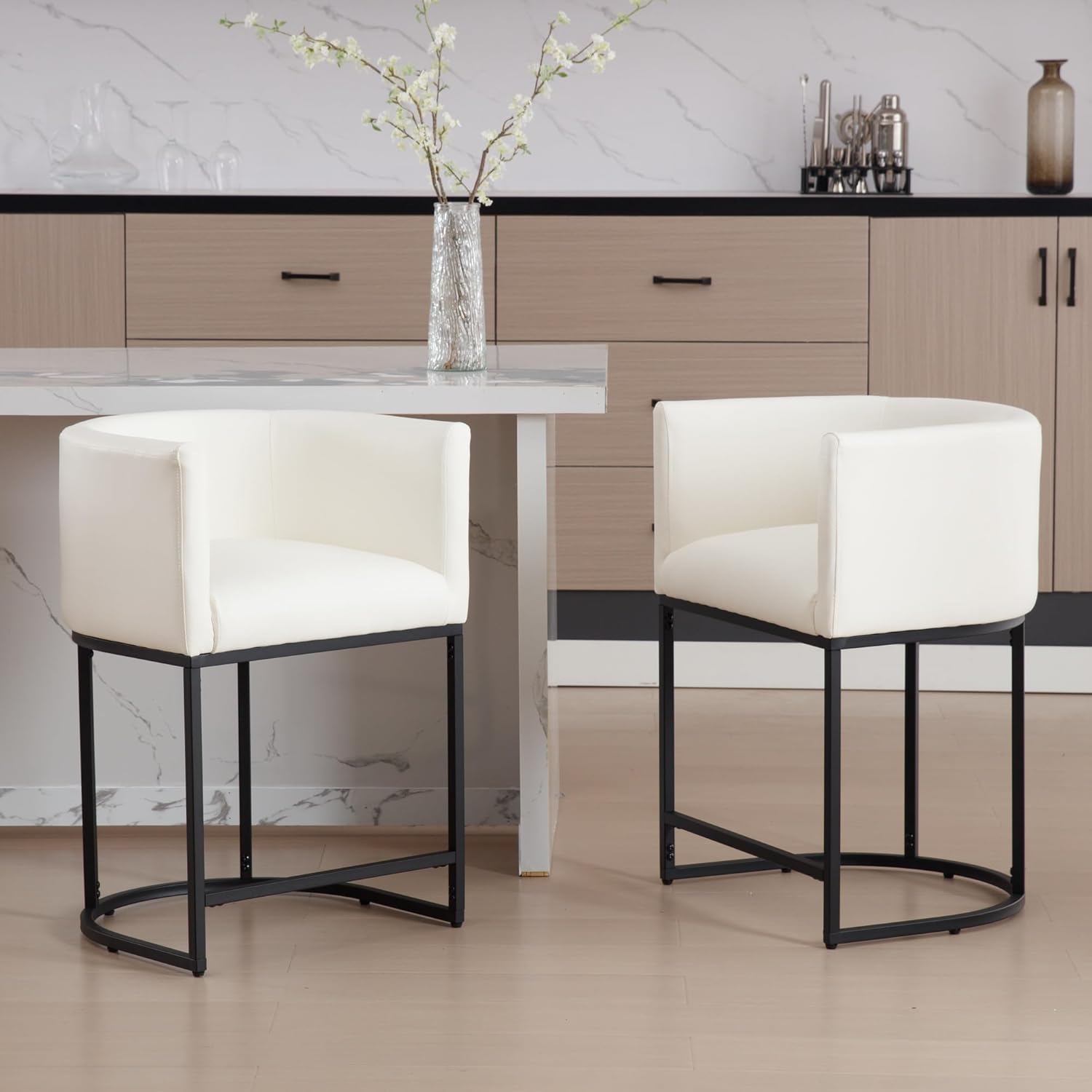 Modern Counter Height PU Leather Upholstered Bar Stools Set of 3, 24" Kitchen Counter Island Stools Bar Chairs with Black Metal Frame, White