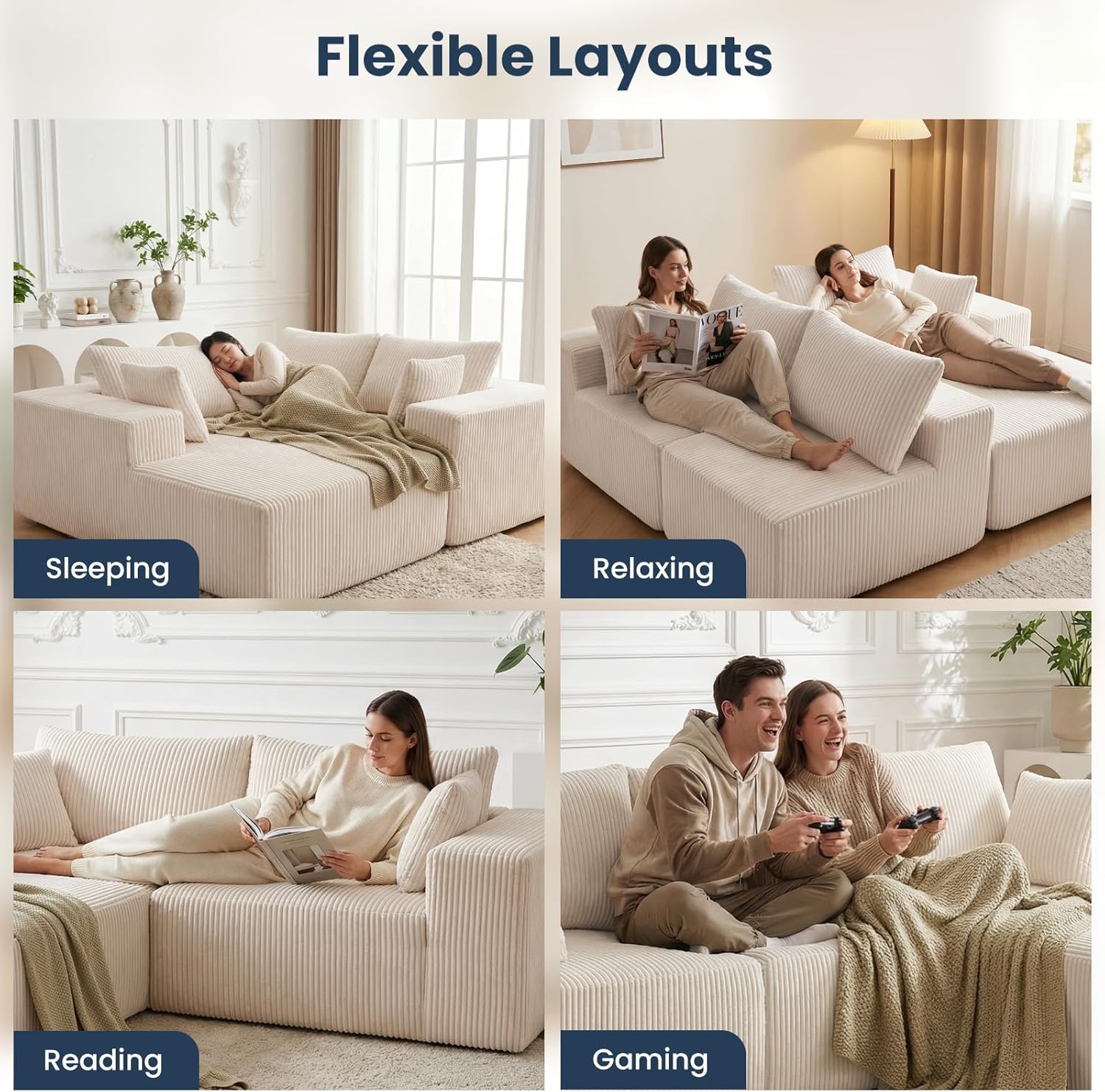 DUMOS 108" Boneless Couch, Cloud Sectional Couch with L-Shape Chaise, Modular Sectional Sofa with Deep Seat, Upholstered Couch for Living Room Bedroom, No Assembly Required (Beige, Left Facing Chaise)