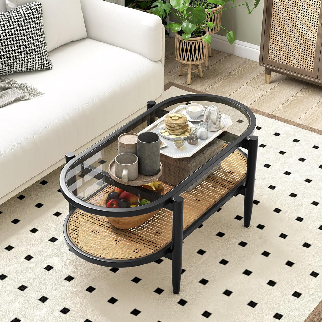 Giantex Rattan Coffee Table, 2-Tier Oval Wood Tea Table with Tempered Glass Tabletop & PE Rattan Storage Shelf, 40" Boho Cocktail Tables, Mid Century Modern Center Table for Living Room Office, Black