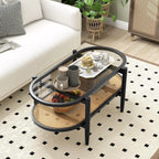 Giantex Rattan Coffee Table, 2-Tier Oval Wood Tea Table with Tempered Glass Tabletop & PE Rattan Storage Shelf, 40" Boho Cocktail Tables, Mid Century Modern Center Table for Living Room Office, Black