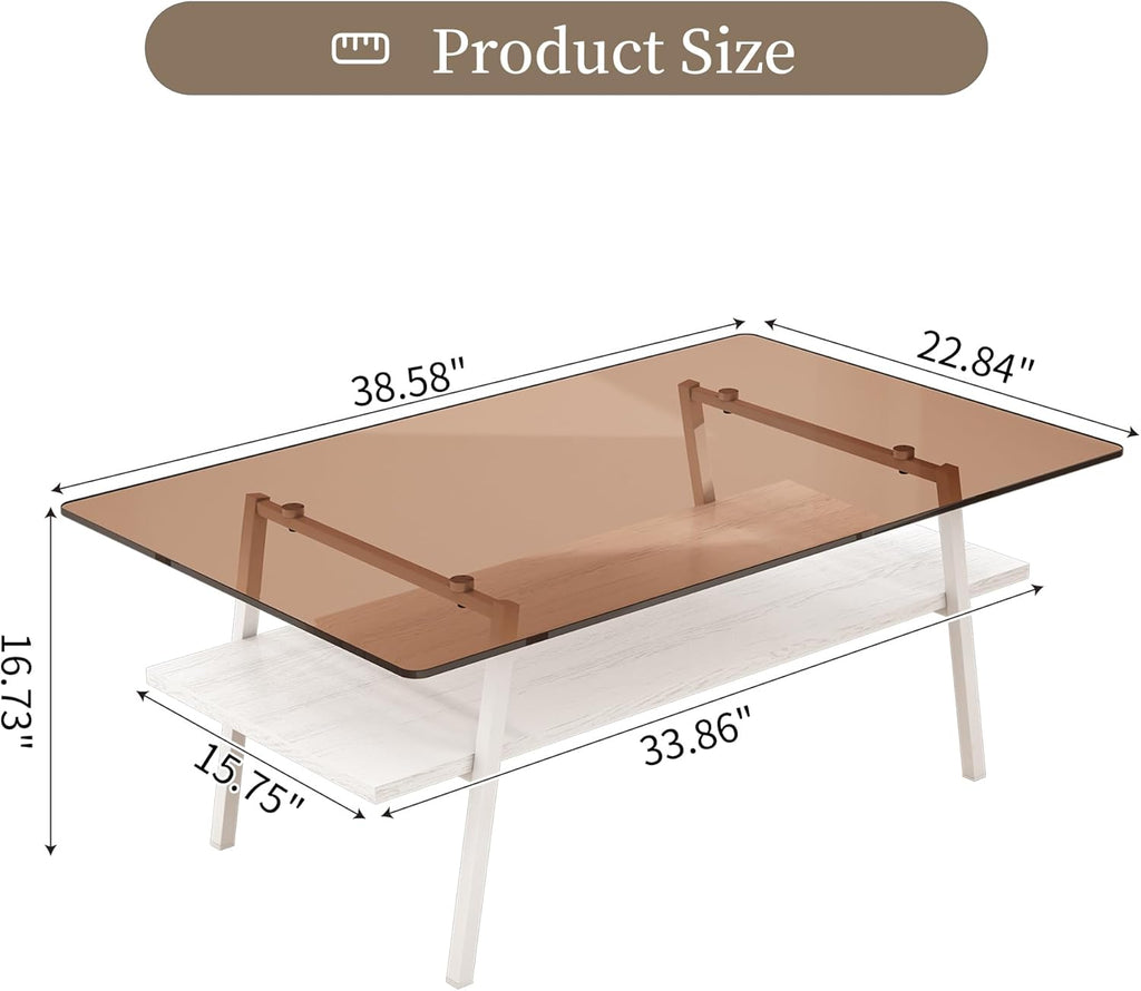 Casaphoria Rectangle Coffee Table, Modern Brown Tempered Glass Top Center Table with White Storage Shelf & Metal Legs, 2-Tier Living Room Furniture, 39 Inch, Easy Assembly