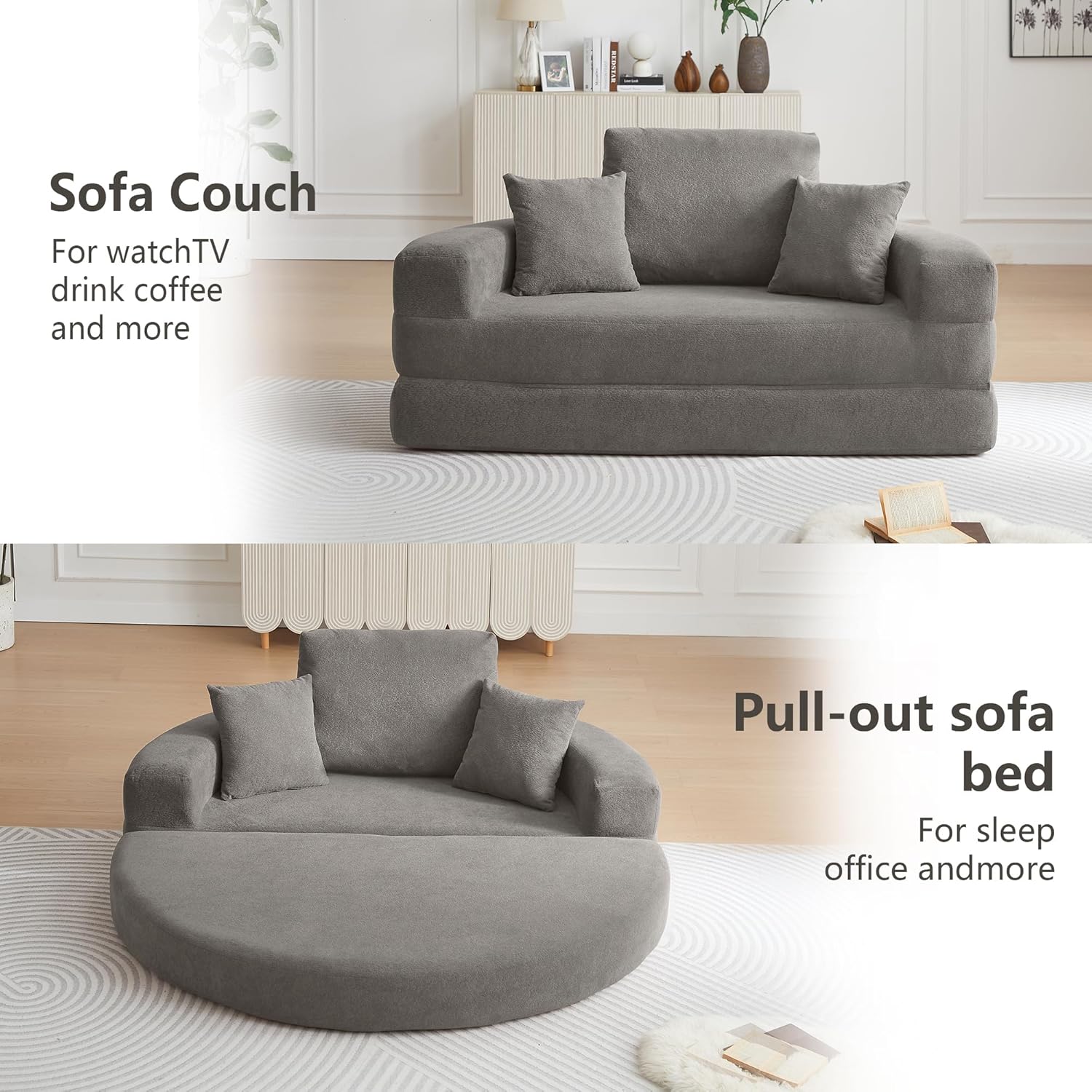 71" Boneless Couch Sofa Bed Oversized Round Couch 2-in-1 Foldable Floor Loveseat Sofa for Living Room and Apartment No Assembly(Gray, 71")