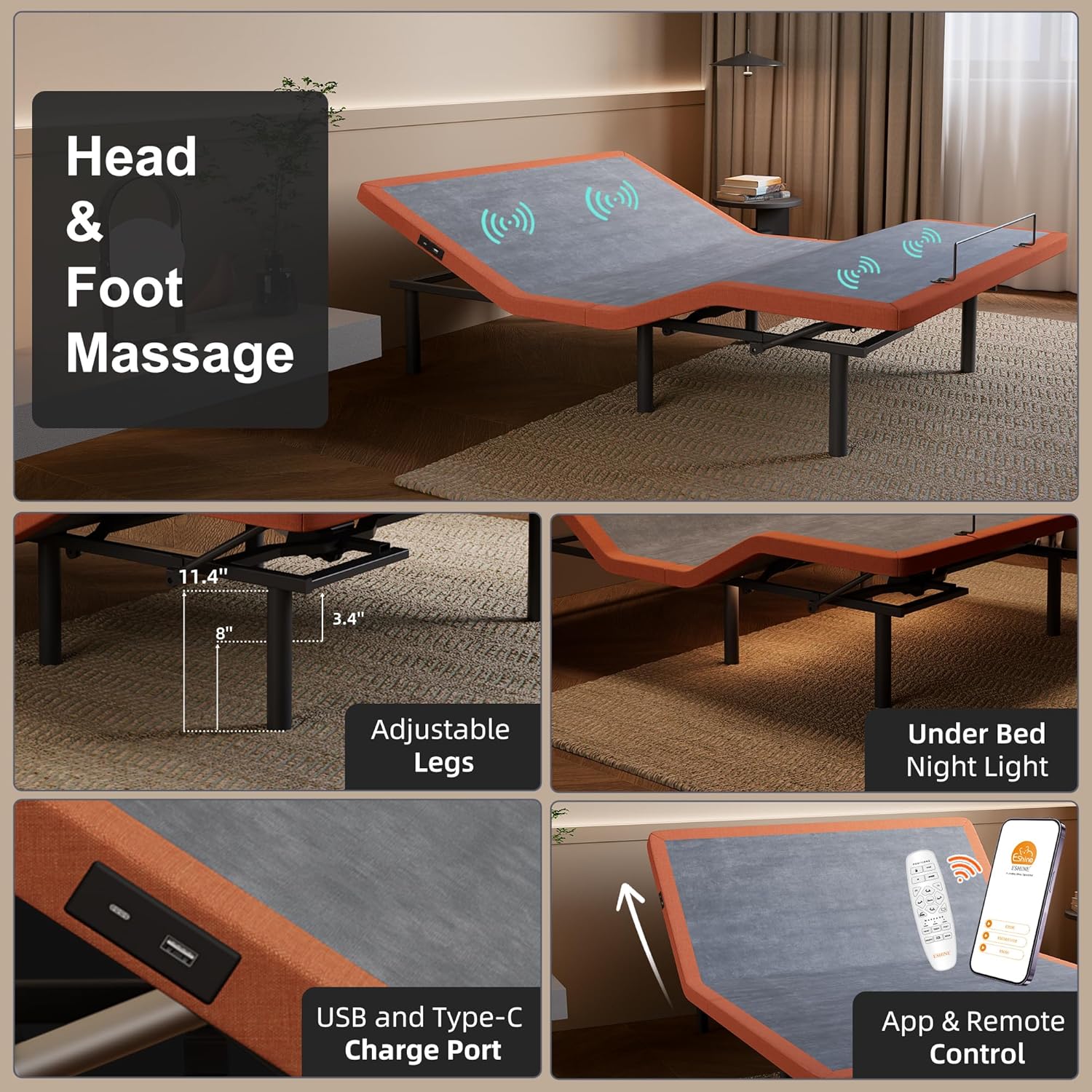 ESHINE Adjustable Bed Frame - Queen Bed Base with Massage, Pillow-tilt, Smart APP Control, Ergonomic Incline, Zero Gravity, Dual USB Port, Under Bed Light, Wireless Remote, 5000 Series