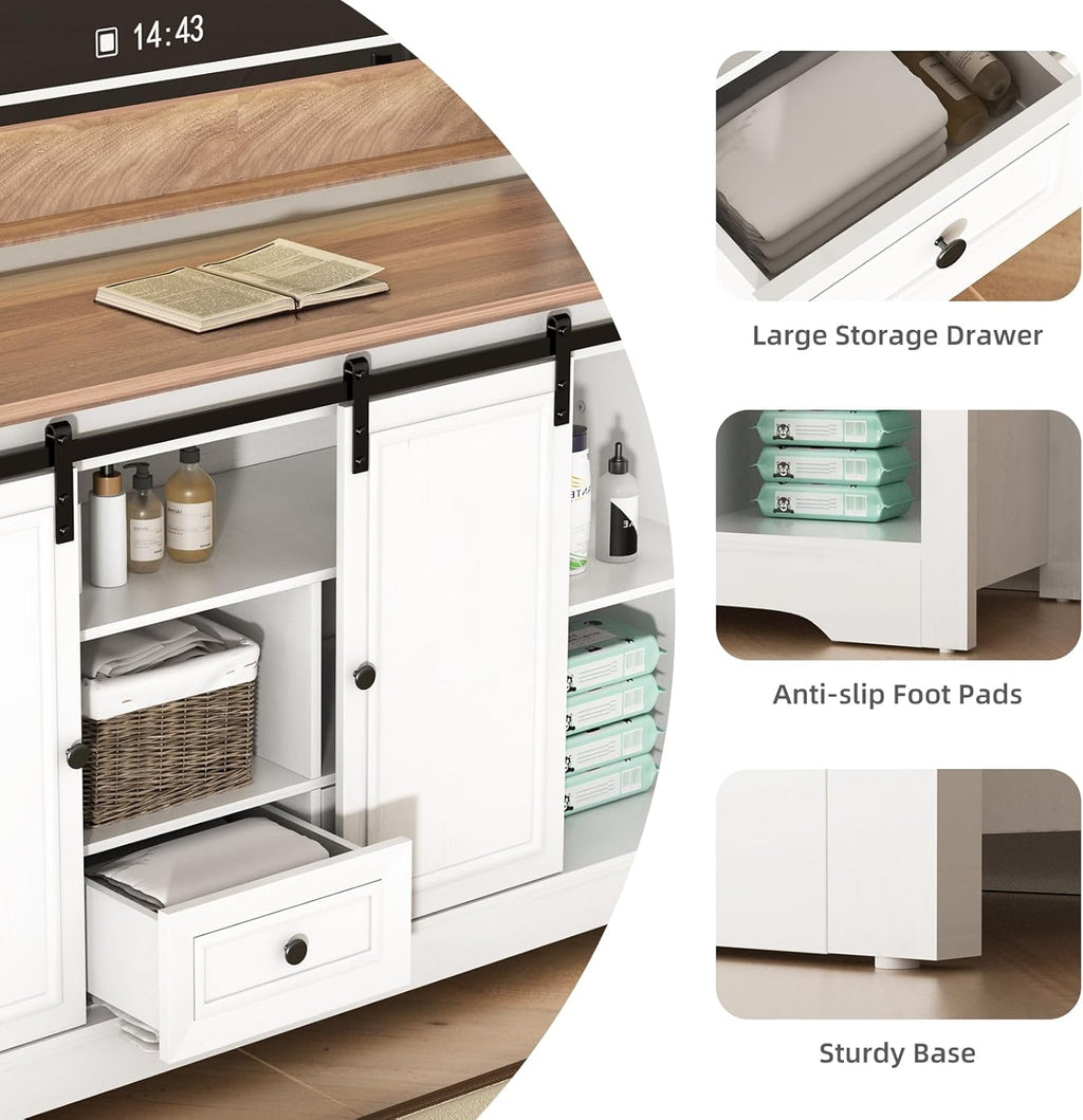 Farmhouse TV Stand for 60 Inch TV, 30" Tall Entertainment Center with 2 Drawers & Sliding Barn Door, Rustic Media Console with Storage Shelves, 55" Wood Television Stand for Living Room, White