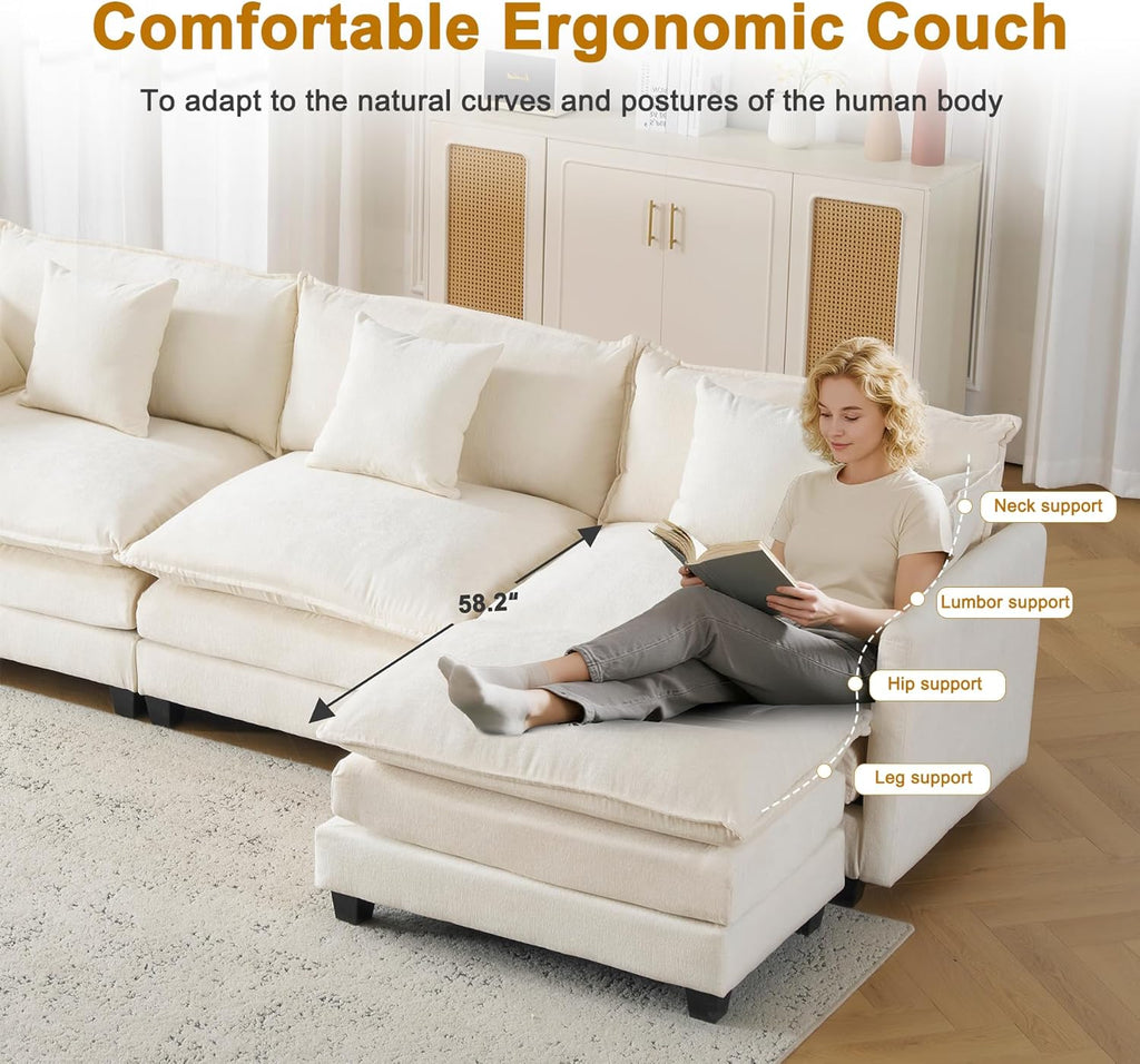 111.4" Modular Sectional Sofa｜Comfy Cloud Couch with Movable Ottoman Deep Seat｜Chenille L Shaped Modular Sofa Sectional Couches for Living Room, Bedroom and Apartment｜Beige
