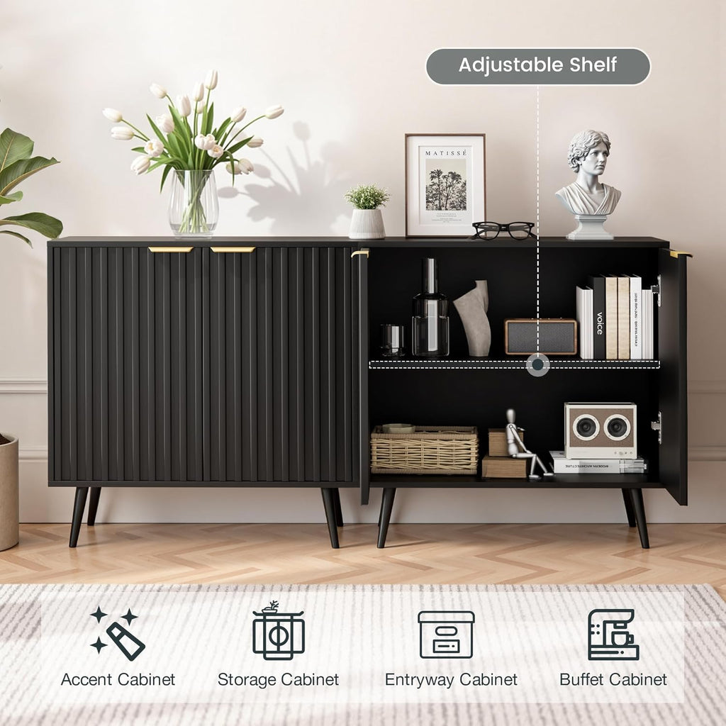 Vrullu Modern Storage Cabinet, Black Sideboard and Buffet Storage, Wood Accent Cabinet for Living Room, Hallway, Entryway, Dining Room (1, Black+Gold)