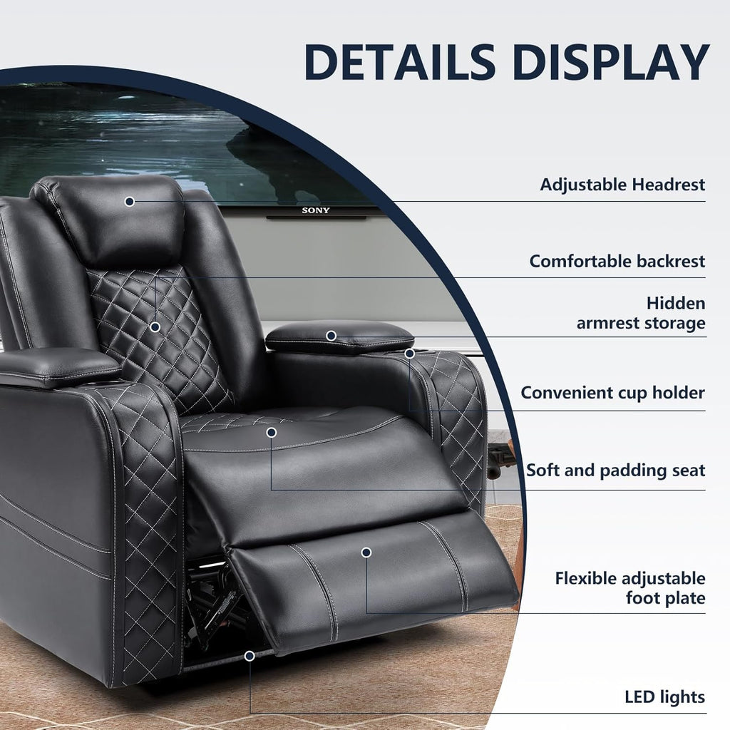CANMOV Electric Power Recliner Chair with Adjustable Headrest,Breathable Faux Leather Home Theater Seating with Ambient Lighting,Cup Holders,Hidden Arm Storage,USB,Type-C Ports,Black
