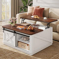 WLIVE Framhouse Coffee Table with Storage, 35.5" Lift Top Coffee Table for Living Room, Square Center Table, Rustic Cocktail Table with Sliding Barn Doors, Curevd Base, White