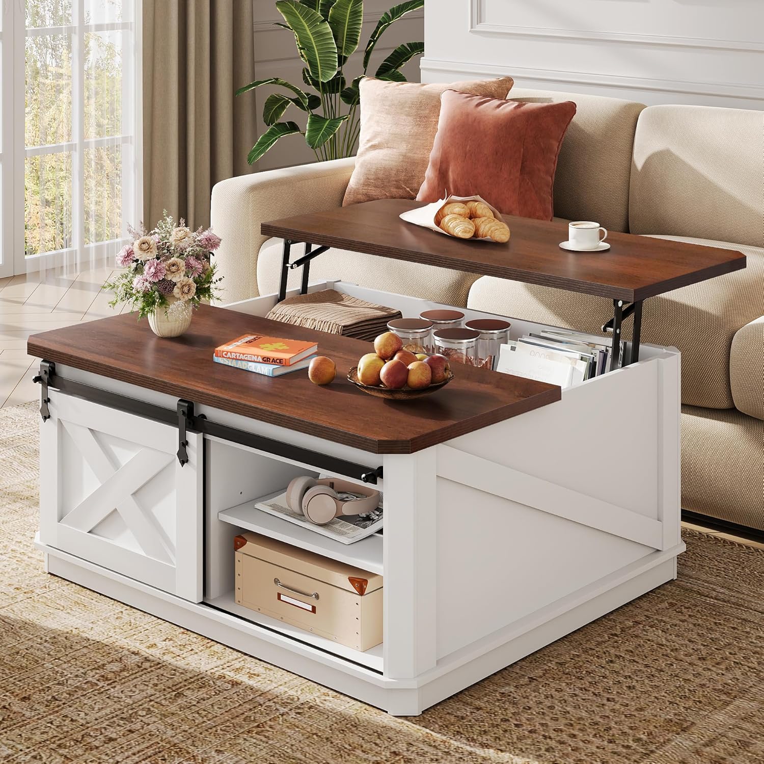 WLIVE Framhouse Coffee Table with Storage, 35.5" Lift Top Coffee Table for Living Room, Square Center Table, Rustic Cocktail Table with Sliding Barn Doors, Curevd Base, White