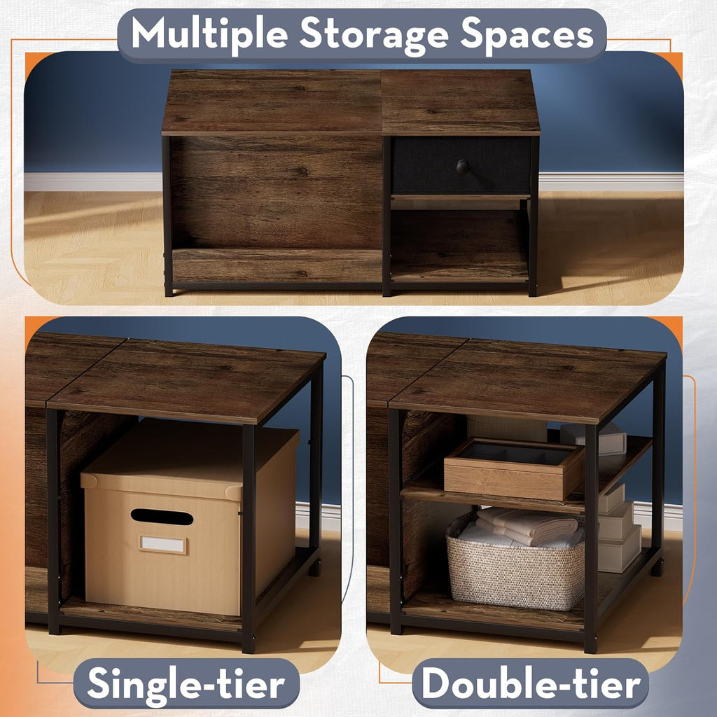 SINPAID Coffee Table with Storage, Rectangular Coffee Tables for Living Room, Farmhouse Coffee Table with Hidden Storage Compartment and Adjustable Shelves, Walnut