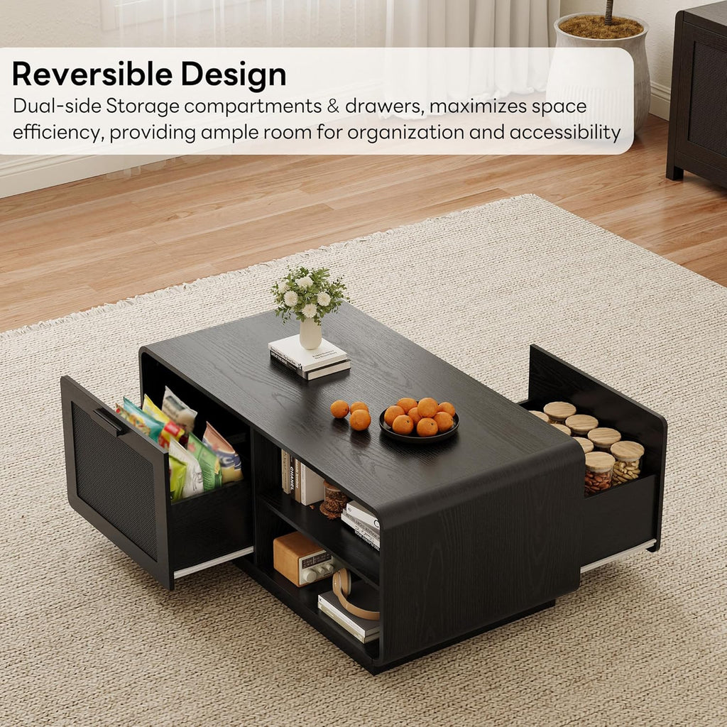 LIKIMIO 39.4" Rattan Coffee Table with Storage Drawers, Safety Curved Corners & 4-Tier Adjustable Shelves, Sturdy Base, Wood Center Table for Living Room, Black