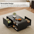 LIKIMIO 39.4" Rattan Coffee Table with Storage Drawers, Safety Curved Corners & 4-Tier Adjustable Shelves, Sturdy Base, Wood Center Table for Living Room, Black
