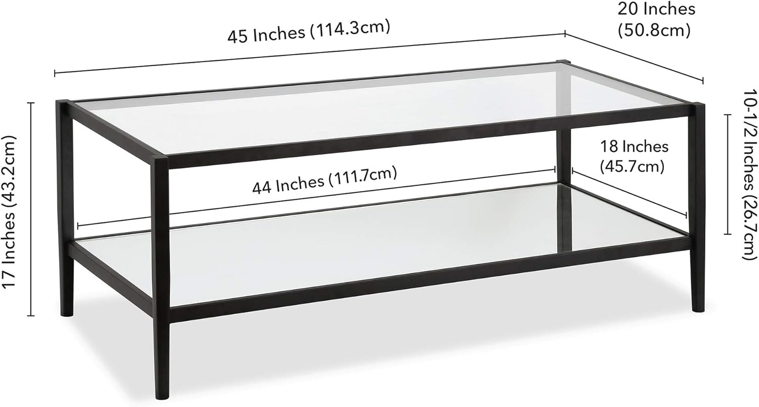 Henn&Hart 45" Wide Rectangular Coffee Table with Mirror Shelf in Blackened Bronze, Modern coffee tables for living room, studio apartment essentials