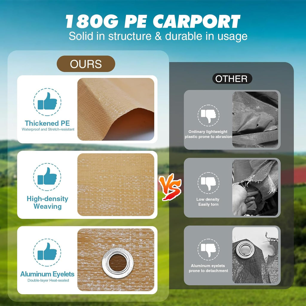 10x20FT Carport Canopy Replacement Cover Heavy Duty Waterproof & UV Protected, All Weather Car Shade Canopy with Ball Bungees (Beige, 10'x20', Frame is not Included)
