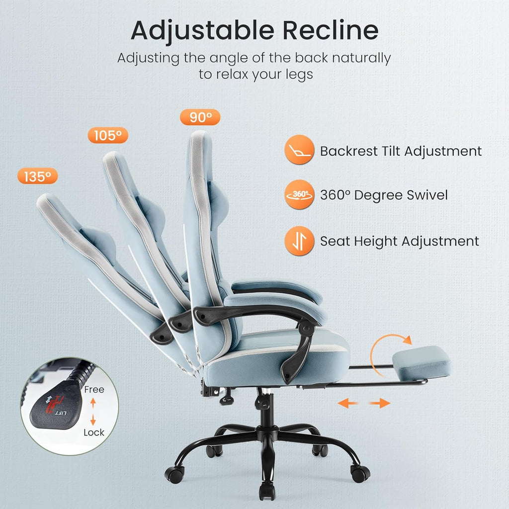 Sweetcrispy Video Game Chair - High Back Ergonomic Computer Desk Chair with Footrest & Lumbar Support, Height Adjustable Task Chair with Linkage Armrests and Headrest, 360° Swivel Wheels, Blue
