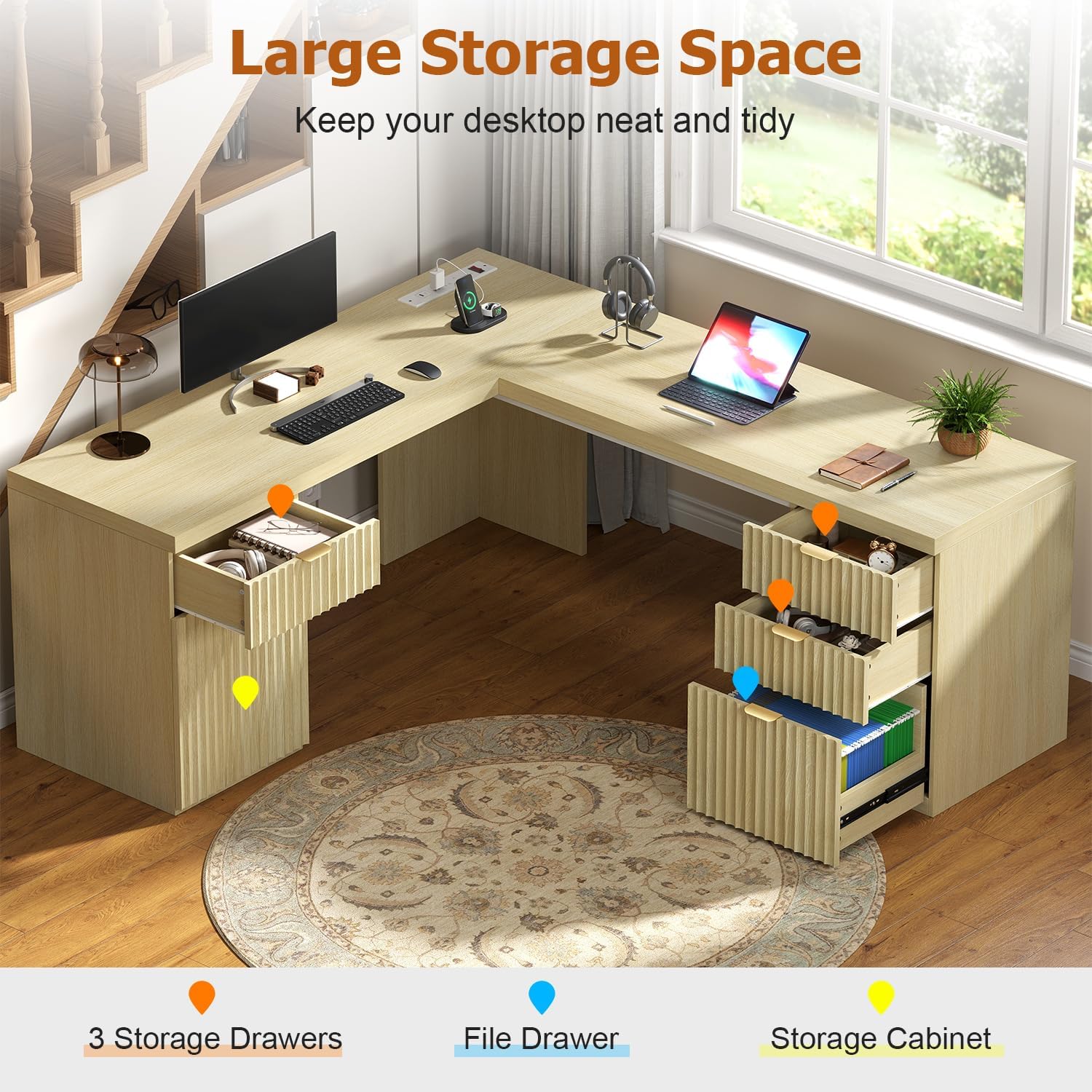 69" Modern L Shaped Executive Desk with Charging Station & File Drawer, Fluted Wood Home Office Corner Desk with Storage Drawers and Cabinet, Large Corner Computer Desk Writing Desk, Natural Oak