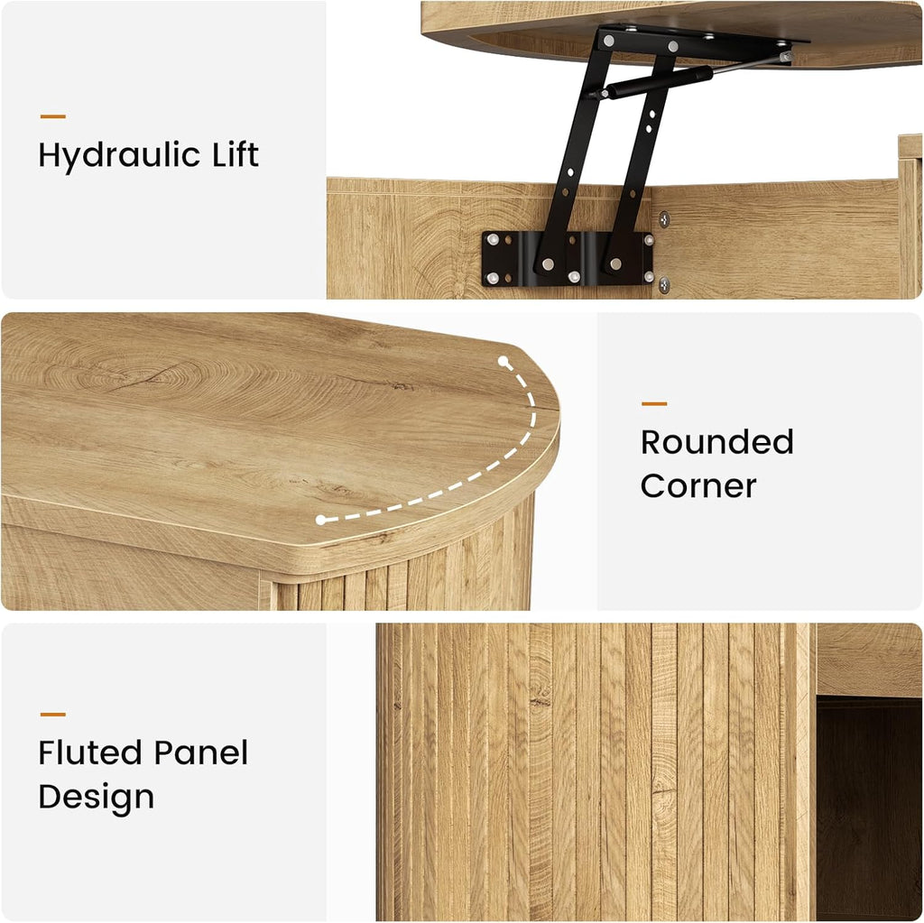 FABATO Oval Lift Top Coffee Table with Storage, Mid Century Modern Coffee Table for Living Room, 2 Tier Center Table with Lift-Top, 41.7" Fluted Wood Table for Reception Room, Home Office, Wood