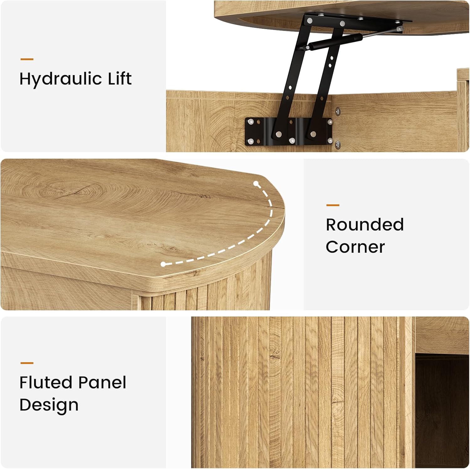 FABATO Oval Lift Top Coffee Table with Storage, Mid Century Modern Coffee Table for Living Room, 2 Tier Center Table with Lift-Top, 41.7" Fluted Wood Table for Reception Room, Home Office, Wood