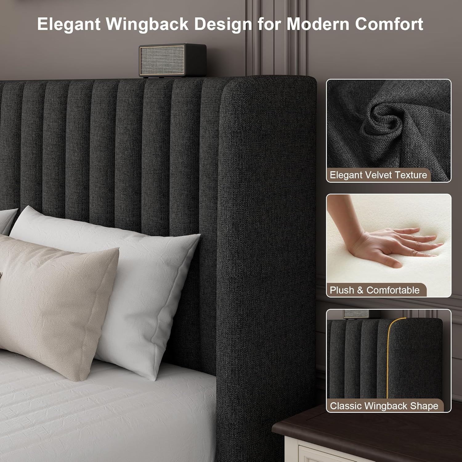 Queen Size Lift Up Storage Bed Frame with Wingback Headboard, Linen Upholstered Platform Bed with 10.8" Underneath Hydraulic Storage, Wooden Slats Support, No Box Spring Needed, Dark Gray