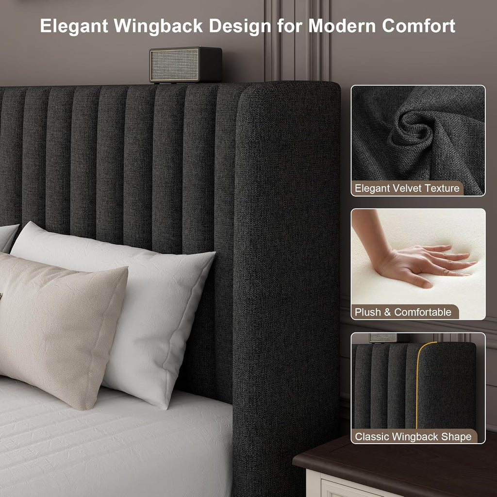 Queen Size Lift Up Storage Bed Frame with Wingback Headboard, Linen Upholstered Platform Bed with 10.8" Underneath Hydraulic Storage, Wooden Slats Support, No Box Spring Needed, Dark Gray